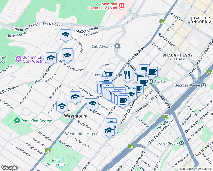 map of restaurants, bars, coffee shops, grocery stores, and more near 4115 Rue Sherbrooke Ouest in Montréal