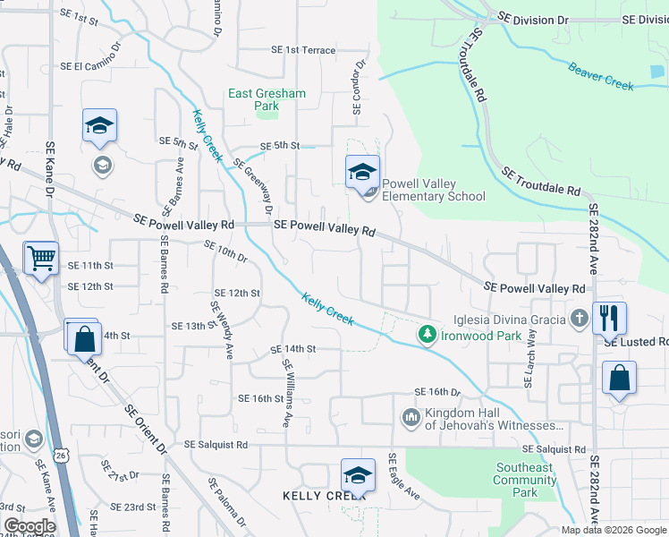 map of restaurants, bars, coffee shops, grocery stores, and more near 4818 Southeast Woodland Way in Gresham