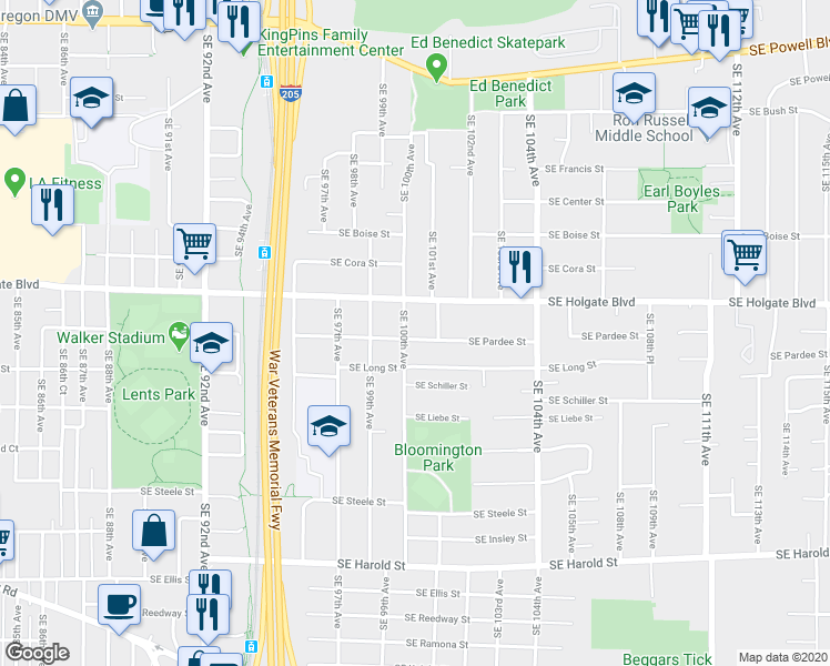 map of restaurants, bars, coffee shops, grocery stores, and more near 10019 Southeast Pardee Street in Portland