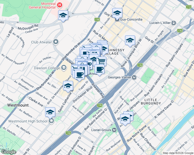map of restaurants, bars, coffee shops, grocery stores, and more near 2300 Rue Tupper in Montréal