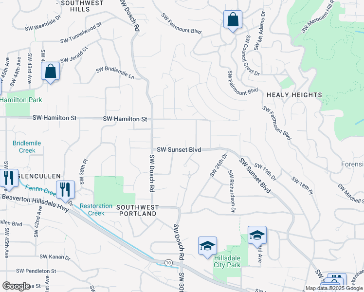 map of restaurants, bars, coffee shops, grocery stores, and more near 2963 Southwest Sunset Boulevard in Portland