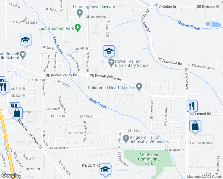map of restaurants, bars, coffee shops, grocery stores, and more near 1070 SE Dogwood Ln in Gresham