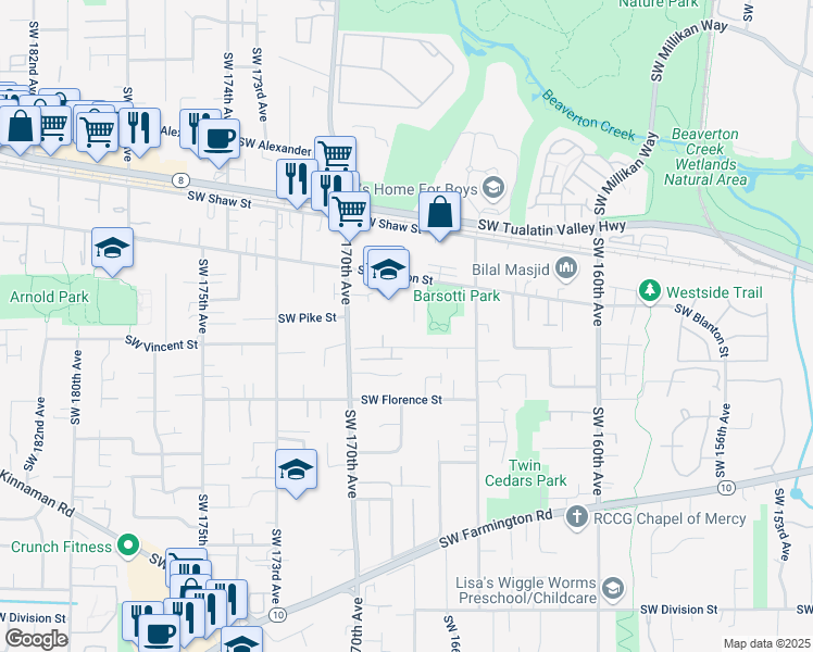 map of restaurants, bars, coffee shops, grocery stores, and more near 4265 Southwest 167th Avenue in Aloha