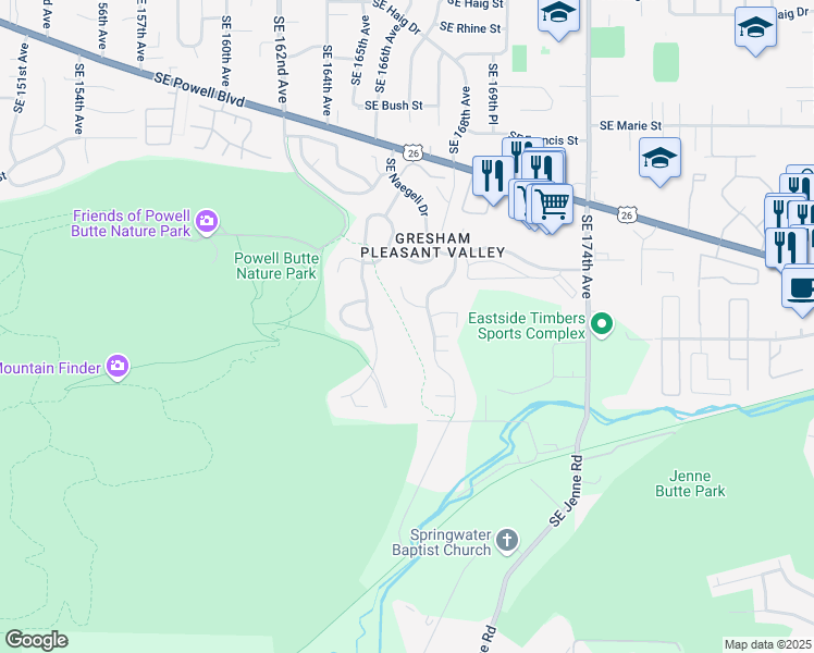 map of restaurants, bars, coffee shops, grocery stores, and more near 9701 Johnson Creek Trail in Portland