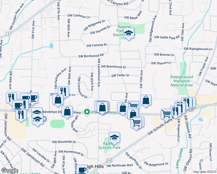 map of restaurants, bars, coffee shops, grocery stores, and more near 8040 Southwest Laurel Street in Portland