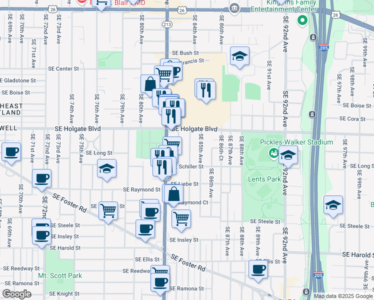 map of restaurants, bars, coffee shops, grocery stores, and more near 4611 Southeast 84th Avenue in Portland