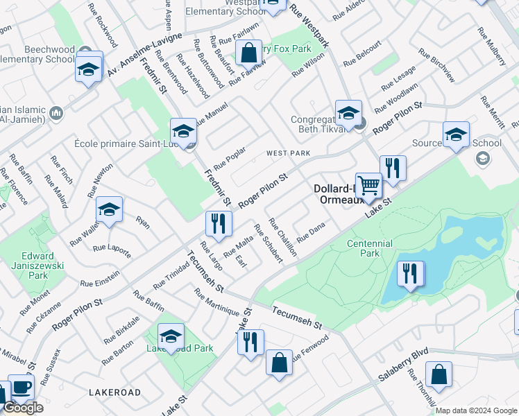 map of restaurants, bars, coffee shops, grocery stores, and more near 97 Rue Châtillon in Dollard-des-Ormeaux