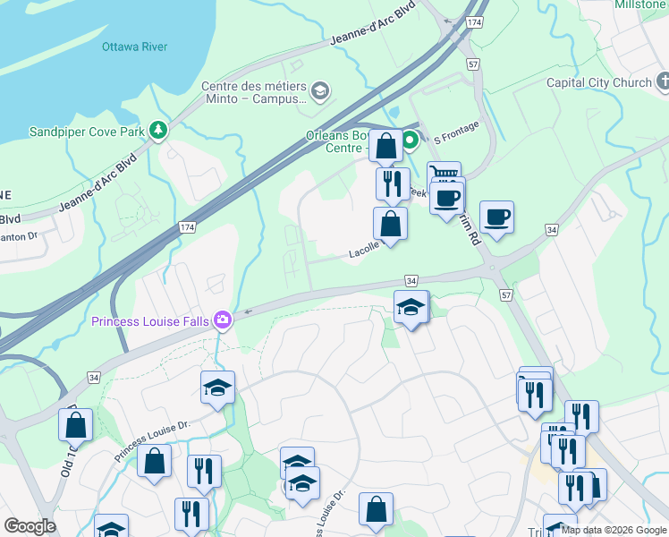 map of restaurants, bars, coffee shops, grocery stores, and more near 570 Lacolle Way in Ottawa
