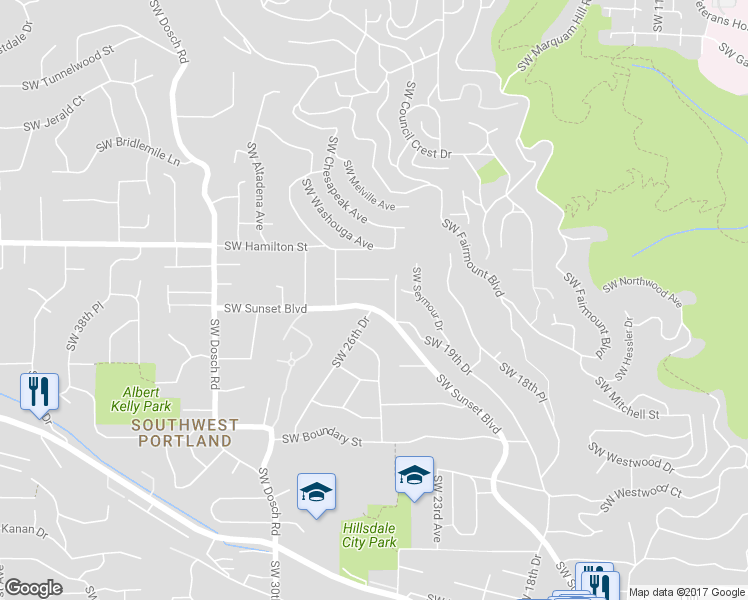map of restaurants, bars, coffee shops, grocery stores, and more near 2555 Southwest Sunset Boulevard in Portland
