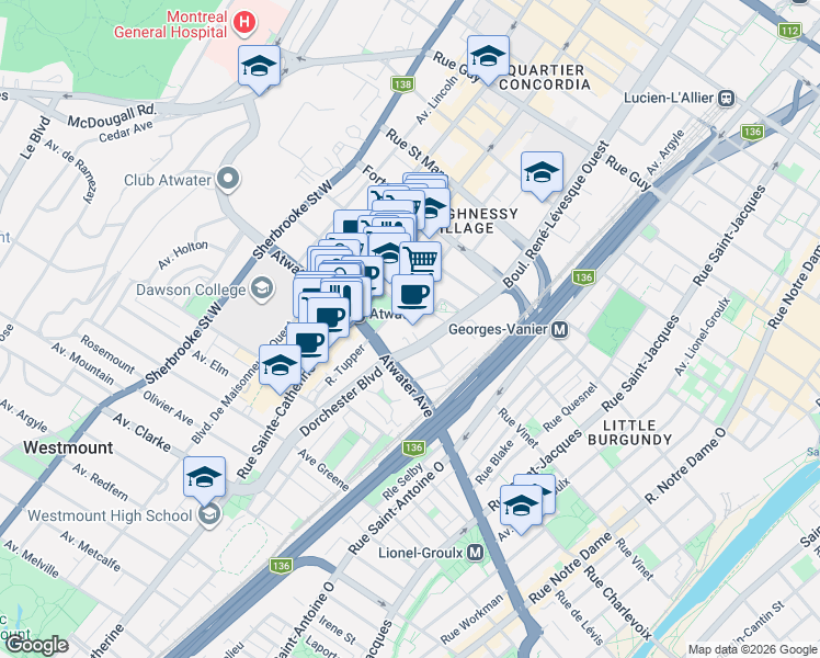 map of restaurants, bars, coffee shops, grocery stores, and more near 2300 Rue Tupper in Montrã©Al