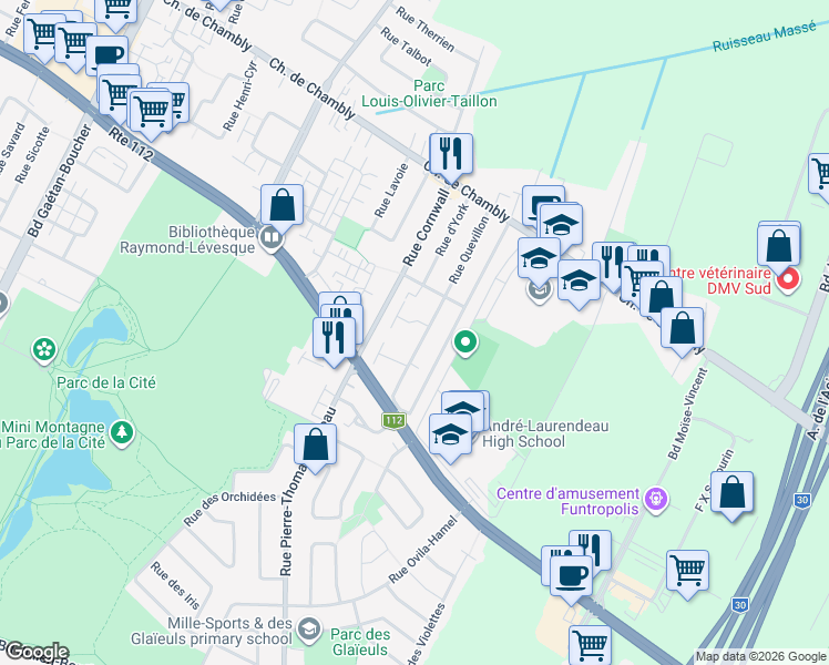 map of restaurants, bars, coffee shops, grocery stores, and more near 2710 Rue Quevillon in Longueuil
