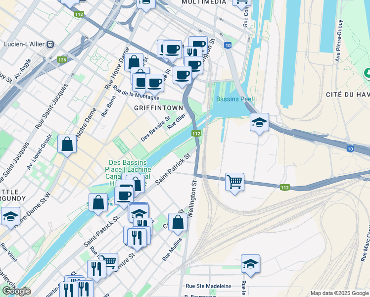 map of restaurants, bars, coffee shops, grocery stores, and more near in Montreal
