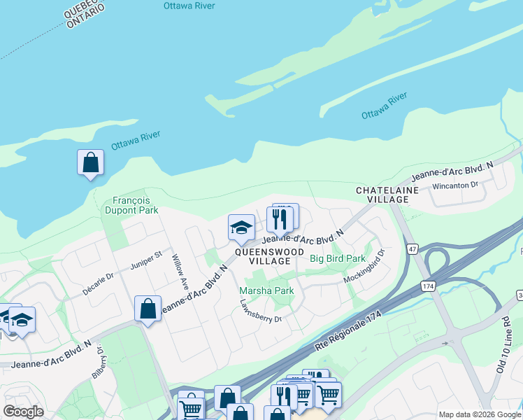 map of restaurants, bars, coffee shops, grocery stores, and more near 249 Teal Crescent in Ottawa