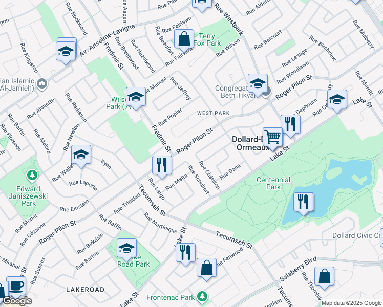 map of restaurants, bars, coffee shops, grocery stores, and more near 97 Rue Châtillon in Dollard-des-Ormeaux