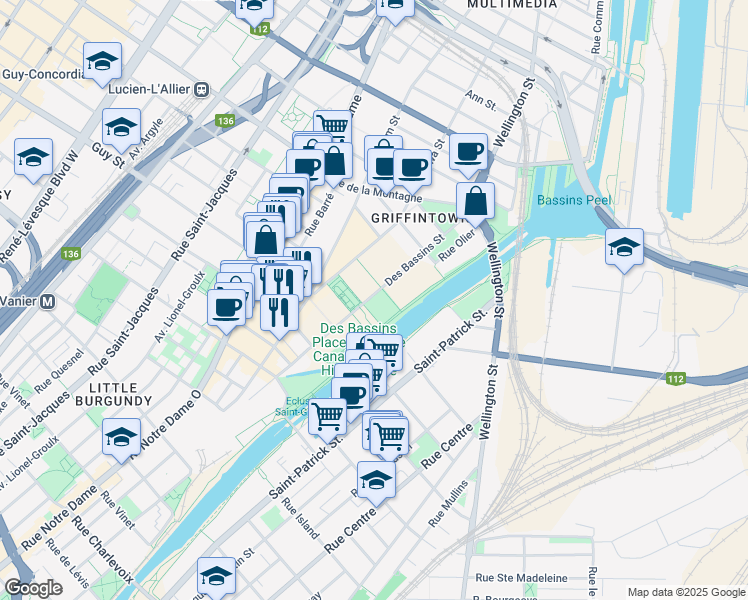 map of restaurants, bars, coffee shops, grocery stores, and more near 1550 Rue des Bassins in Montréal
