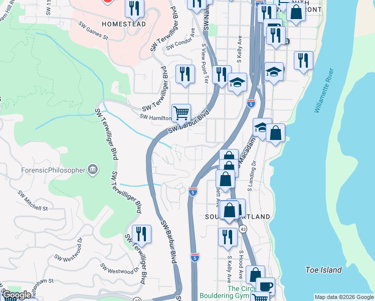 map of restaurants, bars, coffee shops, grocery stores, and more near 4723 Southwest 1st Avenue in Portland