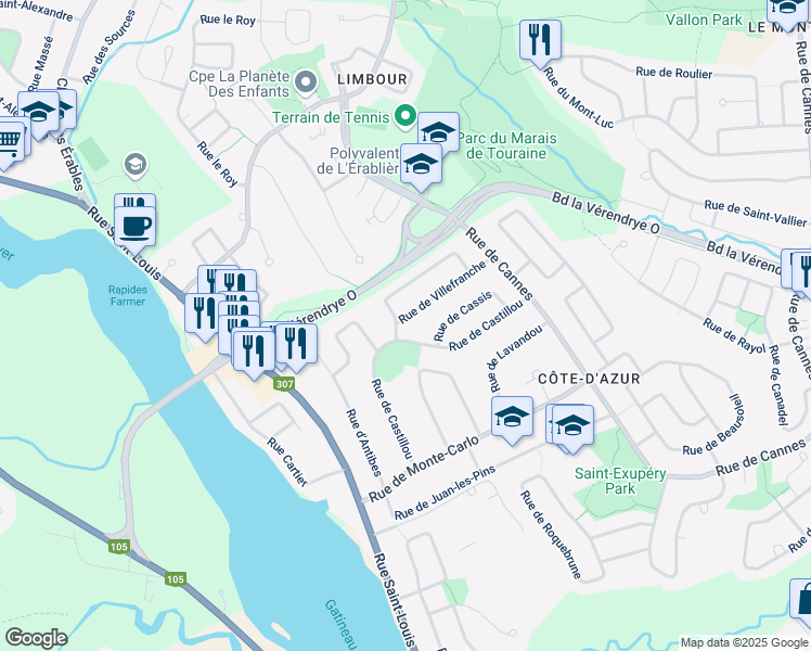 map of restaurants, bars, coffee shops, grocery stores, and more near 31 Rue de Villefranche in Gatineau