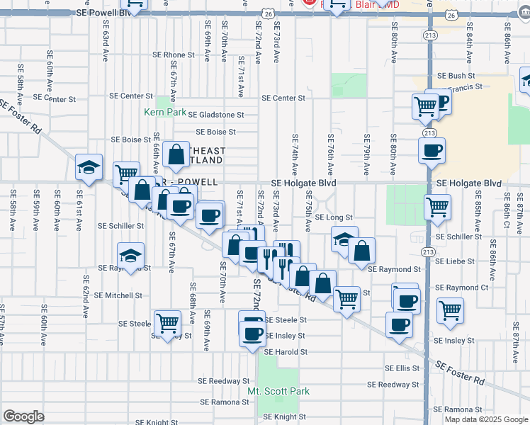 map of restaurants, bars, coffee shops, grocery stores, and more near 4706 Southeast 72nd Avenue in Portland