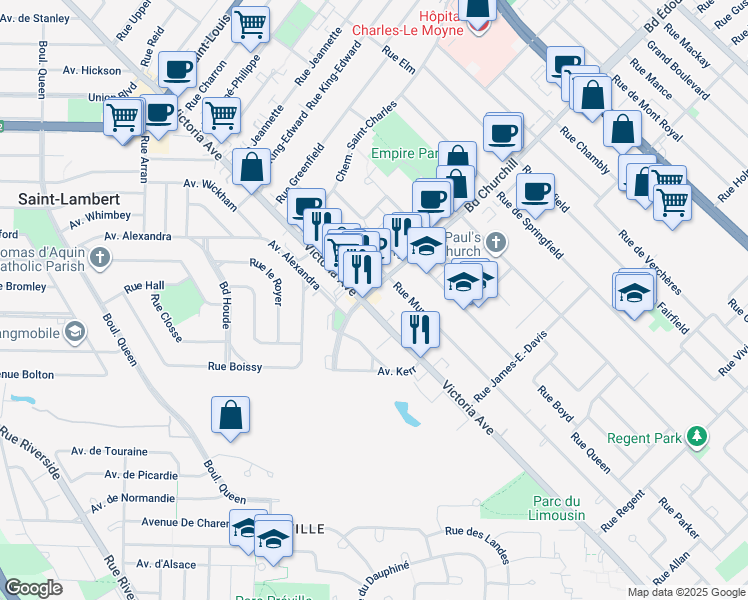 map of restaurants, bars, coffee shops, grocery stores, and more near 1460 Rue Victoria in Longueuil