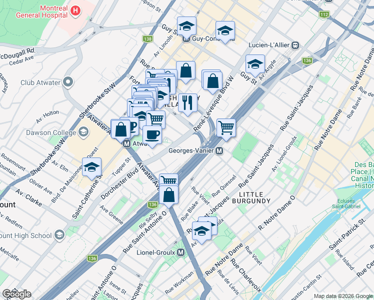 map of restaurants, bars, coffee shops, grocery stores, and more near 2020 Boulevard René-Lévesque Ouest in Montréal