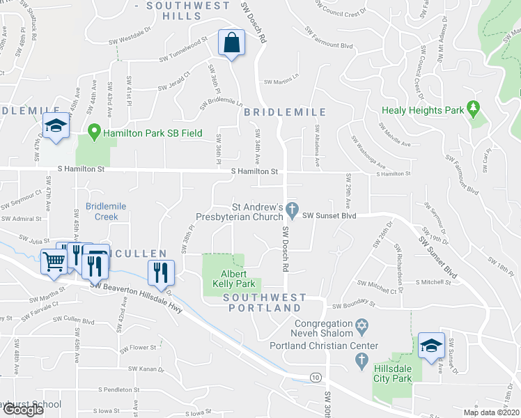 map of restaurants, bars, coffee shops, grocery stores, and more near 3406 Southwest Seymour Street in Portland