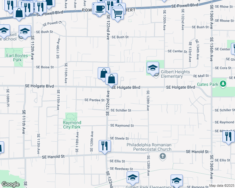 map of restaurants, bars, coffee shops, grocery stores, and more near 12314 Southeast Holgate Boulevard in Portland