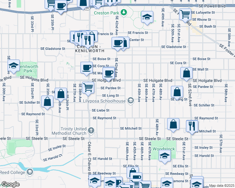 map of restaurants, bars, coffee shops, grocery stores, and more near 4205 Southeast Long Street in Portland