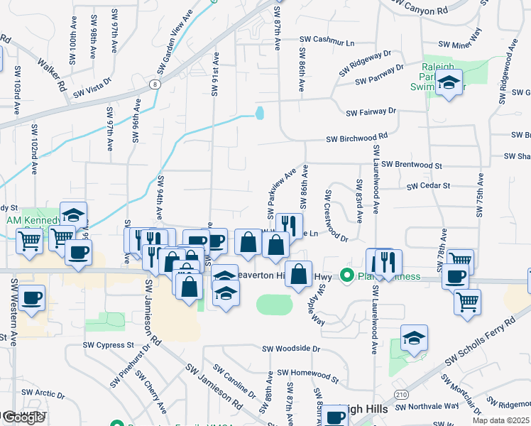 map of restaurants, bars, coffee shops, grocery stores, and more near 4345 Southwest Parkview Avenue in Portland