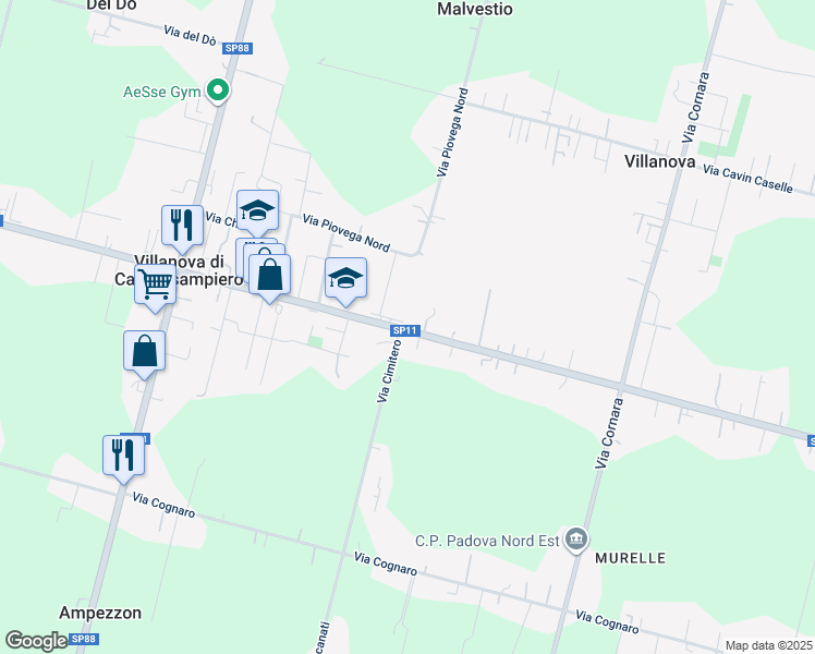 map of restaurants, bars, coffee shops, grocery stores, and more near 125 Via Caltana in Villanova di Camposampiero