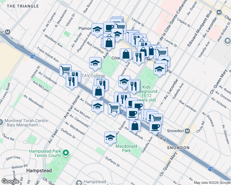 map of restaurants, bars, coffee shops, grocery stores, and more near 5782 Avenue Mountain Sights in Montreal