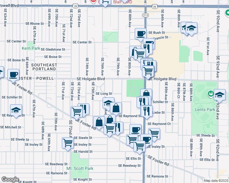 map of restaurants, bars, coffee shops, grocery stores, and more near 4636 Southeast 78th Avenue in Portland