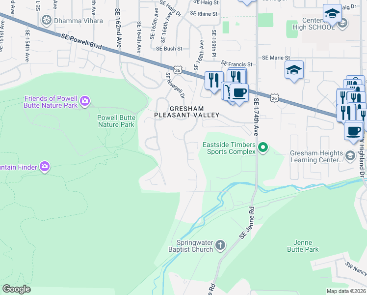 map of restaurants, bars, coffee shops, grocery stores, and more near 9701 Johnson Creek Trail in Portland