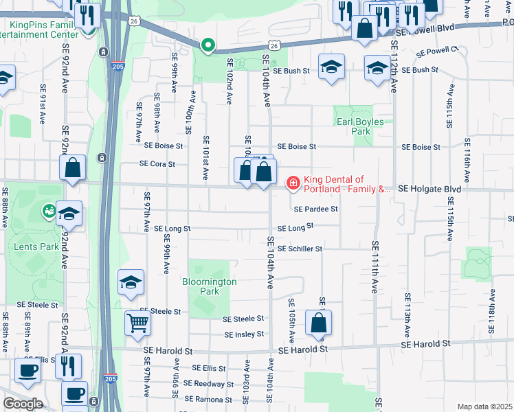 map of restaurants, bars, coffee shops, grocery stores, and more near 4539 Southeast 104th Avenue in Portland
