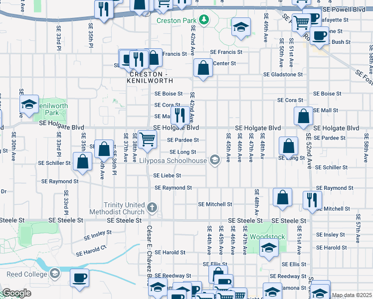 map of restaurants, bars, coffee shops, grocery stores, and more near 4205 Southeast Long Street in Portland