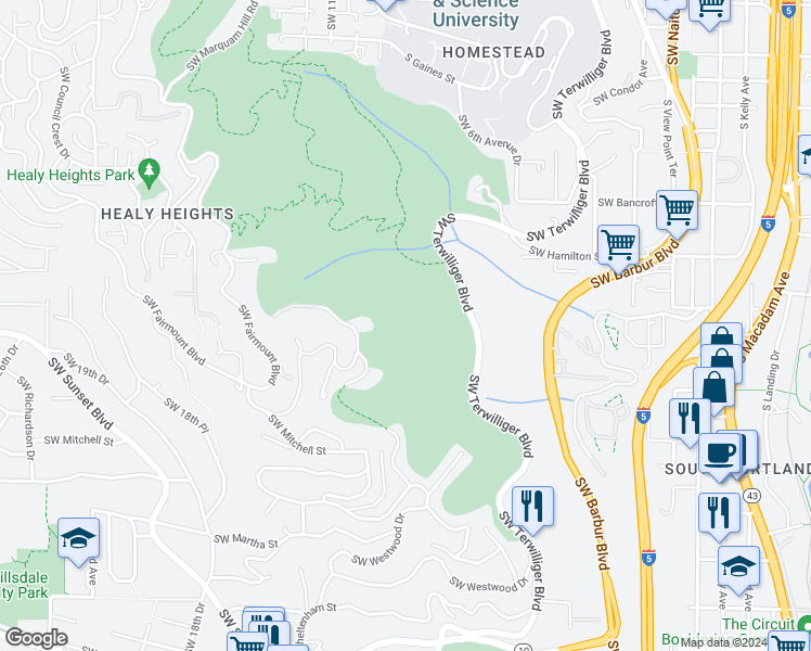 map of restaurants, bars, coffee shops, grocery stores, and more near 4700 Southwest Northwood Avenue in Portland