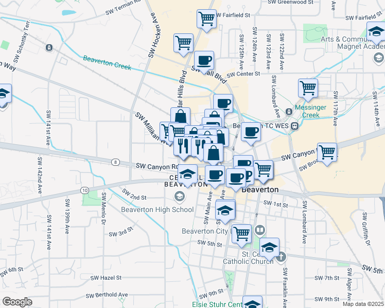 map of restaurants, bars, coffee shops, grocery stores, and more near 12905 Southwest Beaverdam Road in Beaverton