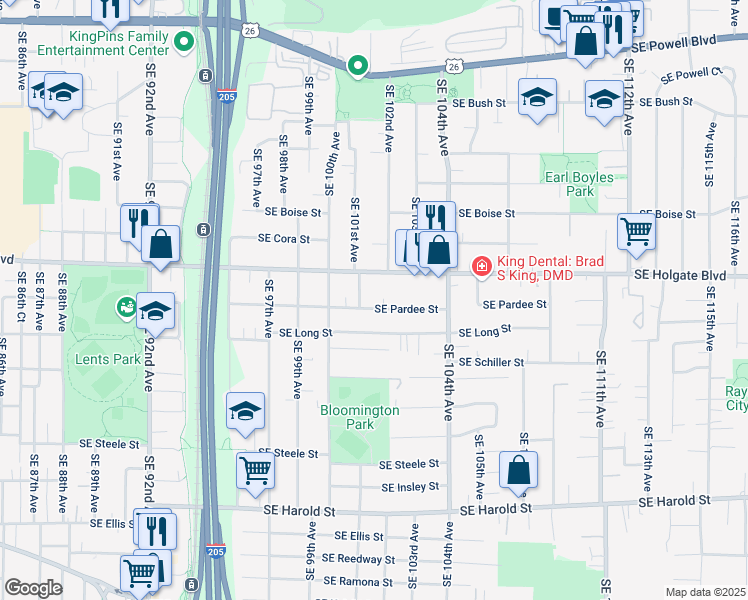 map of restaurants, bars, coffee shops, grocery stores, and more near 10129 Southeast Pardee Street in Portland