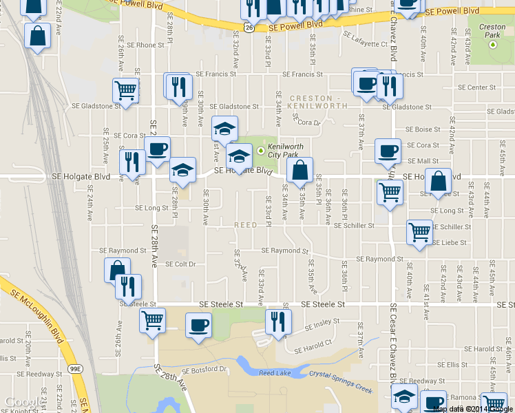 map of restaurants, bars, coffee shops, grocery stores, and more near 4650 Southeast 33rd Avenue in Portland