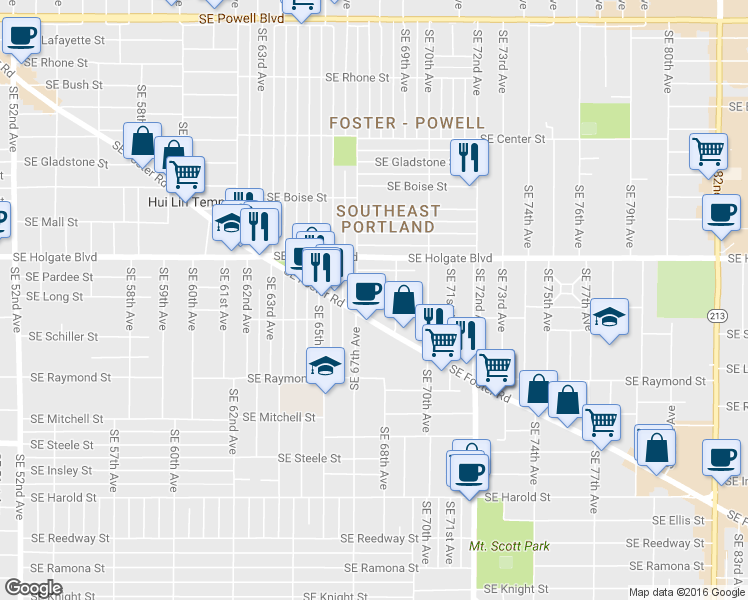 map of restaurants, bars, coffee shops, grocery stores, and more near 6805 Southeast Long Street in Portland
