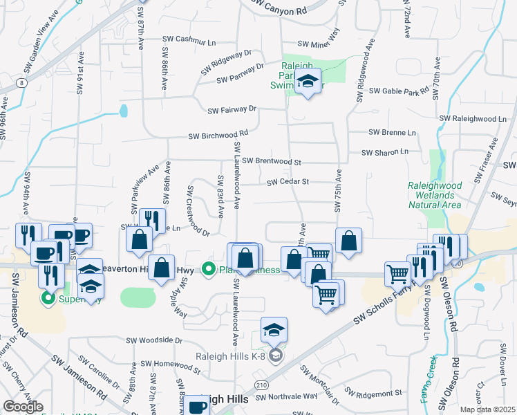 map of restaurants, bars, coffee shops, grocery stores, and more near 8040 Southwest Laurel Street in Portland