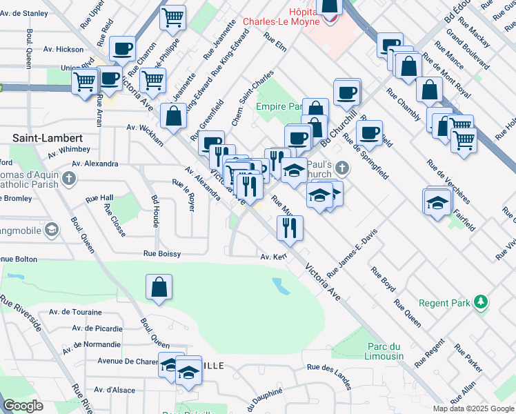 map of restaurants, bars, coffee shops, grocery stores, and more near 1460 Rue Victoria in Longueuil