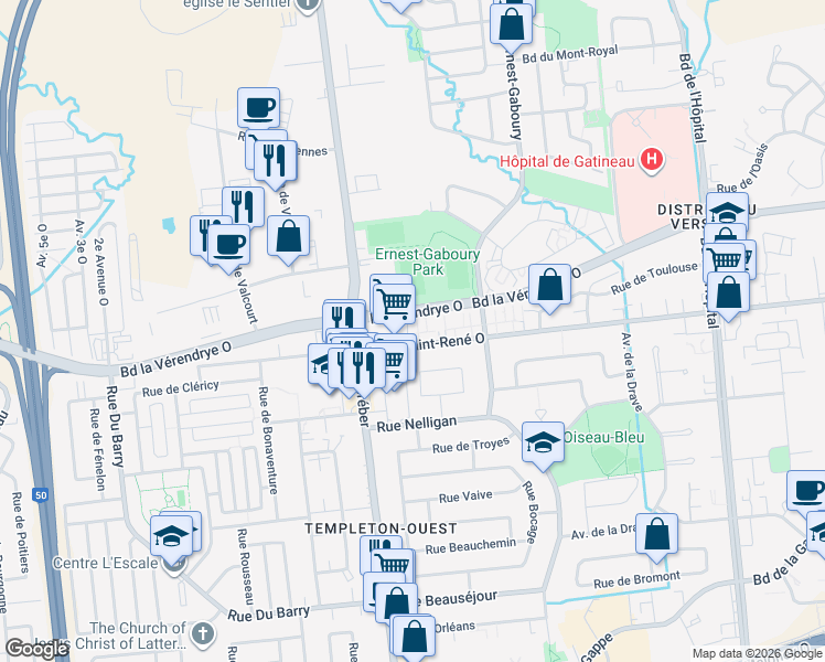 map of restaurants, bars, coffee shops, grocery stores, and more near 1123 Boulevard Saint-René Ouest in Gatineau