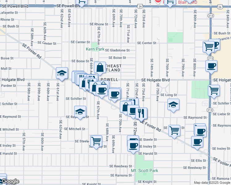 map of restaurants, bars, coffee shops, grocery stores, and more near 6927 Southeast Long Street in Portland