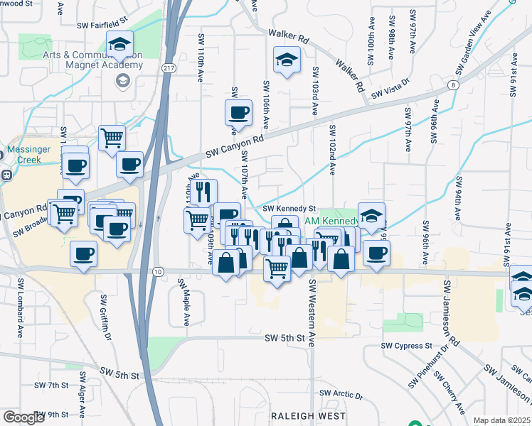 map of restaurants, bars, coffee shops, grocery stores, and more near 10580 Southwest Kennedy Street in Beaverton