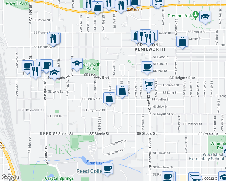 map of restaurants, bars, coffee shops, grocery stores, and more near 3546 Southeast Long Street in Portland