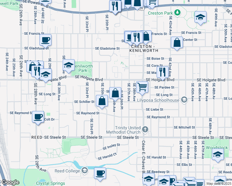 map of restaurants, bars, coffee shops, grocery stores, and more near 4708 Southeast 36th Avenue in Portland