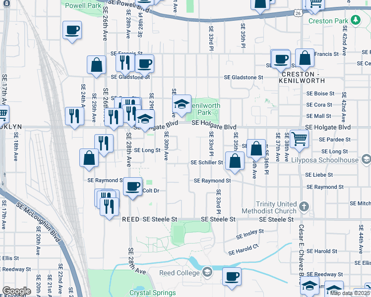 map of restaurants, bars, coffee shops, grocery stores, and more near 4627 Southeast 32nd Avenue in Portland