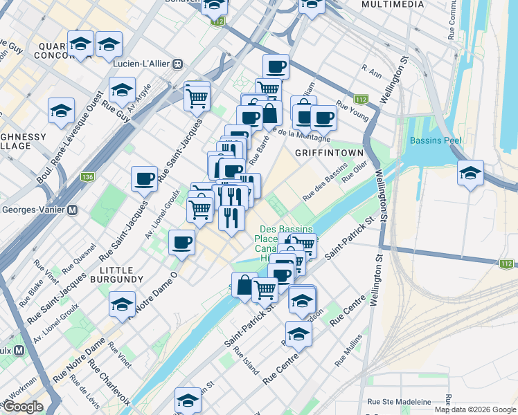 map of restaurants, bars, coffee shops, grocery stores, and more near 1606 Rue Ottawa in Montréal