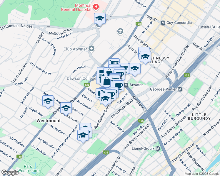 map of restaurants, bars, coffee shops, grocery stores, and more near 4000 Boulevard De Maisonneuve Ouest in Westmount