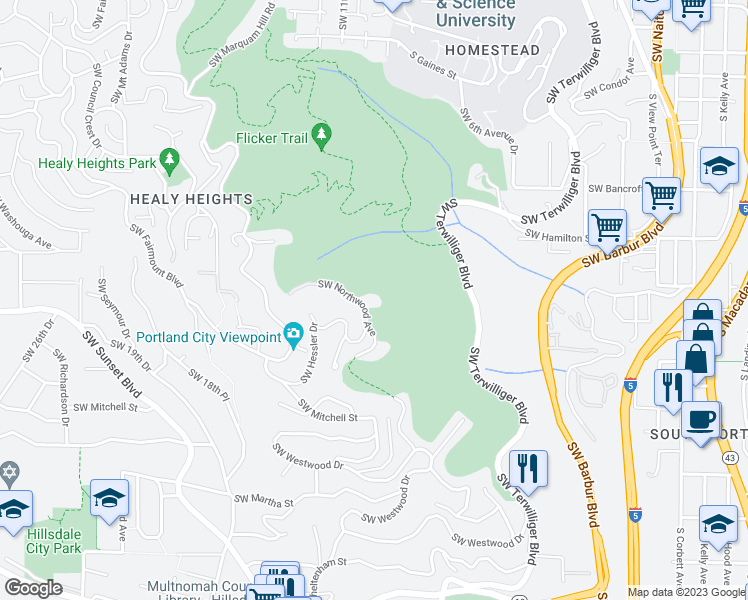 map of restaurants, bars, coffee shops, grocery stores, and more near 4700 Southwest Northwood Avenue in Portland
